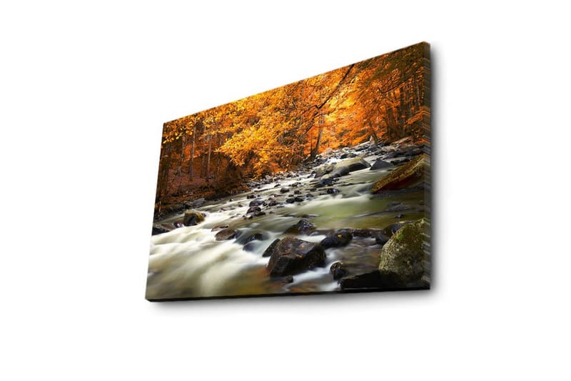 Lerretsbilde med LED-belysning 45x70 cm - Rennende vann omgitt av høstfarget skog - Oransje / Grønn / Svart - Interiør - Maleri & posters - Lerretsbilder