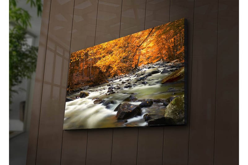 Lerretsbilde med LED-belysning 45x70 cm - Rennende vann omgitt av høstfarget skog - Oransje / Grønn / Svart - Interiør - Maleri & posters - Lerretsbilder