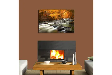 Lerretsbilde med LED-belysning 45x70 cm - Rennende vann omgitt av høstfarget skog - Oransje / Grønn / Svart - Interiør - Maleri & posters - Lerretsbilder