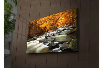 Lerretsbilde med LED-belysning 45x70 cm - Rennende vann omgitt av høstfarget skog - Oransje / Grønn / Svart - Interiør - Maleri & posters - Lerretsbilder