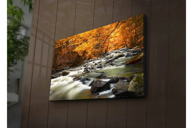 Lerretsbilde med LED-belysning 45x70 cm - Rennende vann omgitt av høstfarget skog - Oransje / Grønn / Svart - Interiør - Maleri & posters - Lerretsbilder
