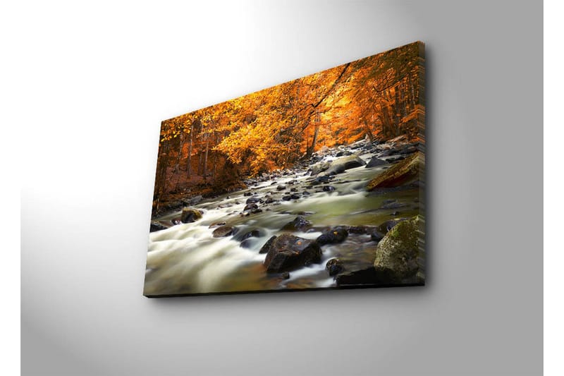 Lerretsbilde med LED-belysning 45x70 cm - Rennende vann omgitt av høstfarget skog - Oransje / Grønn / Svart - Interiør - Maleri & posters - Lerretsbilder