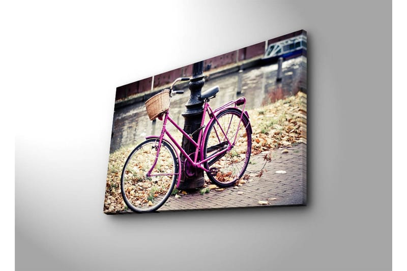Lerretsbilde med LED-belysning 45x70 cm - Rosa sykkel med kurv ved en gatelykt - Rosa / Brun / Grå - Interiør - Maleri & posters - Lerretsbilder
