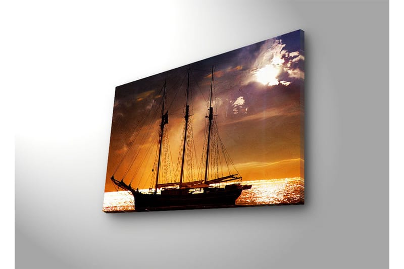 Lerretsbilde med LED-belysning 45x70 cm - Seilbåt mot en solnedgang over havet - Oransje / Svart / Gull - Interiør - Maleri & posters - Lerretsbilder