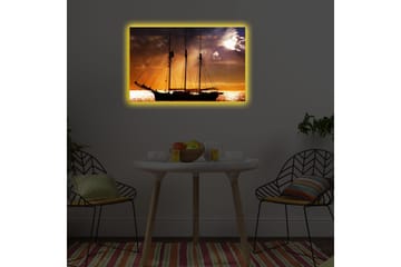Lerretsbilde med LED-belysning 45x70 cm - Seilbåt mot en solnedgang over havet - Oransje / Svart / Gull - Interiør - Maleri & posters - Lerretsbilder