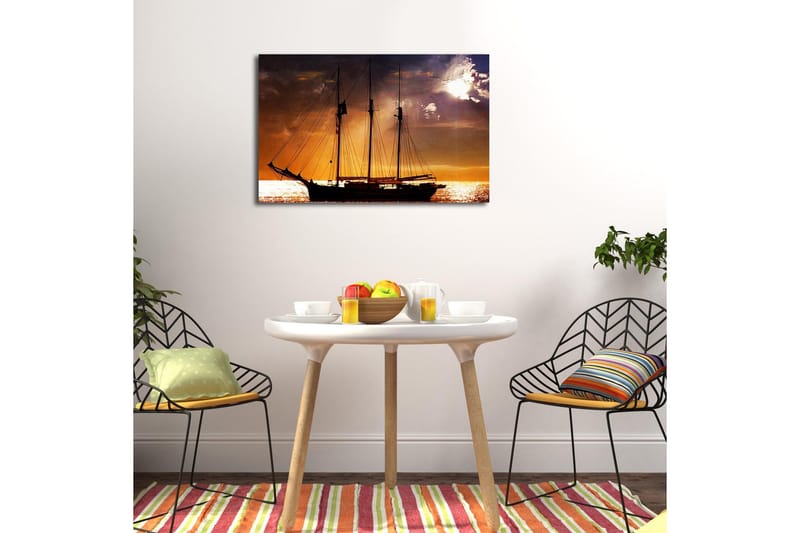 Lerretsbilde med LED-belysning 45x70 cm - Seilbåt mot en solnedgang over havet - Oransje / Svart / Gull - Interiør - Maleri & posters - Lerretsbilder