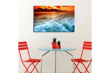 Lerretsbilde med LED-belysning 45x70 cm - Solnedgang over havet med bølger som skummer mot kysten - Oransje / Blå / Hvit - Interiør - Maleri & posters - Lerretsbilder
