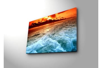 Lerretsbilde med LED-belysning 45x70 cm - Solnedgang over havet med bølger som skummer mot kysten - Oransje / Blå / Hvit - Interiør - Maleri & posters - Lerretsbilder