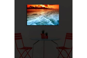 Lerretsbilde med LED-belysning 45x70 cm - Solnedgang over havet med bølger som skummer mot kysten - Oransje / Blå / Hvit - Interiør - Maleri & posters - Lerretsbilder