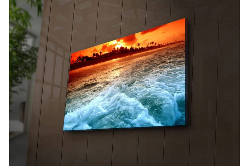 Lerretsbilde med LED-belysning 45x70 cm - Solnedgang over havet med bølger som skummer mot kysten - Oransje / Blå / Hvit - Interiør - Maleri & posters - Lerretsbilder