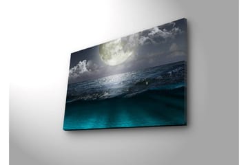 Lerretsbilde med LED-belysning 45x70 cm - Storslått måne over et stormfullt hav - Mørk blå / Turkis / Grå - Interiør - Maleri & posters - Lerretsbilder