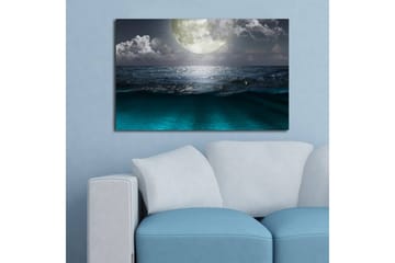 Lerretsbilde med LED-belysning 45x70 cm - Storslått måne over et stormfullt hav - Mørk blå / Turkis / Grå - Interiør - Maleri & posters - Lerretsbilder