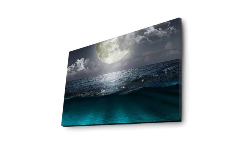 Lerretsbilde med LED-belysning 45x70 cm - Storslått måne over et stormfullt hav - Mørk blå / Turkis / Grå - Interiør - Maleri & posters - Lerretsbilder