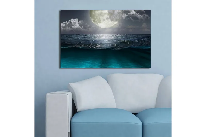 Lerretsbilde med LED-belysning 45x70 cm - Storslått måne over et stormfullt hav - Mørk blå / Turkis / Grå - Interiør - Maleri & posters - Lerretsbilder