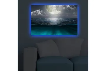 Lerretsbilde med LED-belysning 45x70 cm - Storslått måne over et stormfullt hav - Mørk blå / Turkis / Grå - Interiør - Maleri & posters - Lerretsbilder
