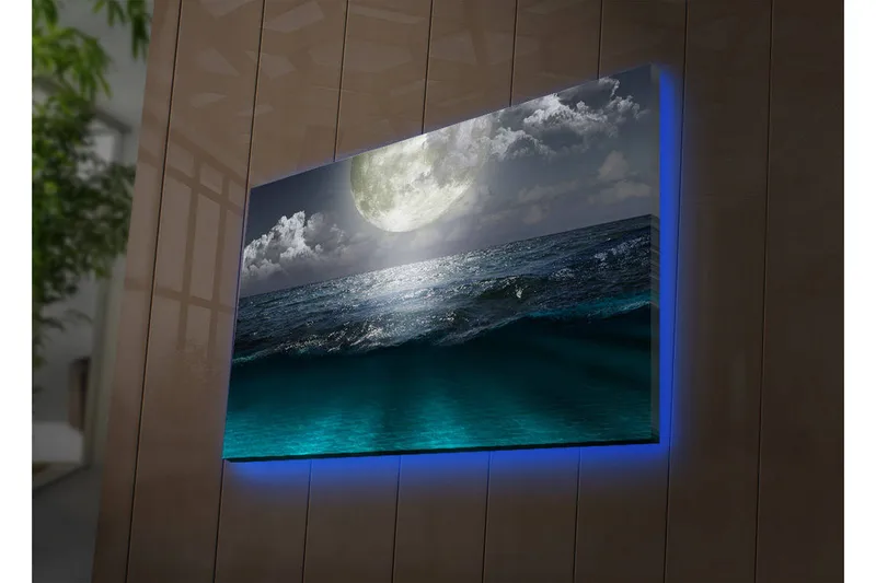 Lerretsbilde med LED-belysning 45x70 cm - Storslått måne over et stormfullt hav - Mørk blå / Turkis / Grå - Interiør - Maleri & posters - Lerretsbilder