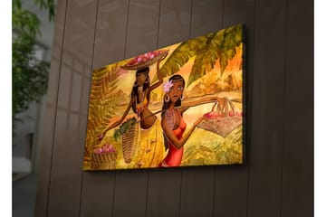 Lerretsbilde med LED-belysning 45x70 cm - To kvinner som bærer frukt i tropiske omgivelser - Gull / Grønn / Rød - Interiør - Maleri & posters - Lerretsbilder