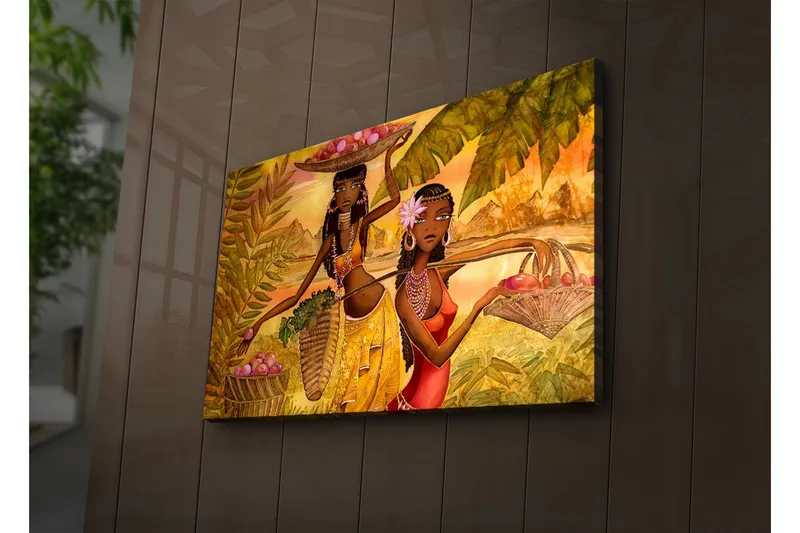 Lerretsbilde med LED-belysning 45x70 cm - To kvinner som bærer frukt i tropiske omgivelser - Gull / Grønn / Rød - Interiør - Maleri & posters - Lerretsbilder