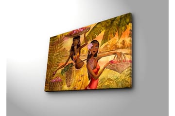 Lerretsbilde med LED-belysning 45x70 cm - To kvinner som bærer frukt i tropiske omgivelser - Gull / Grønn / Rød - Interiør - Maleri & posters - Lerretsbilder