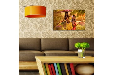 Lerretsbilde med LED-belysning 45x70 cm - To kvinner som bærer frukt i tropiske omgivelser - Gull / Grønn / Rød - Interiør - Maleri & posters - Lerretsbilder