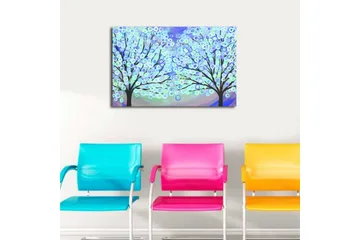 Lerretsbilde med LED-belysning 45x70 cm - To stiliserte trær med fargerike sirkler som blomstrer i en drømmeaktig bakgrunn - Blå / Grønn / Svart - Interiør - Maleri & posters - Lerretsbilder