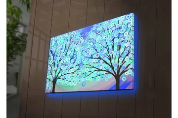 Lerretsbilde med LED-belysning 45x70 cm - To stiliserte trær med fargerike sirkler som blomstrer i en drømmeaktig bakgrunn - Blå / Grønn / Svart - Interiør - Maleri & posters - Lerretsbilder