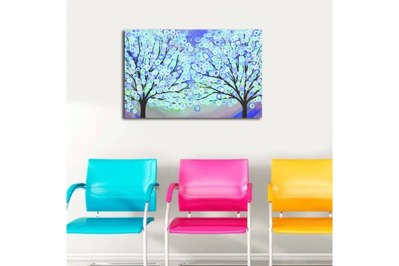 Lerretsbilde med LED-belysning 45x70 cm - To stiliserte trær med fargerike sirkler som blomstrer i en drømmeaktig bakgrunn - Blå / Grønn / Svart - Interiør - Maleri & posters - Lerretsbilder