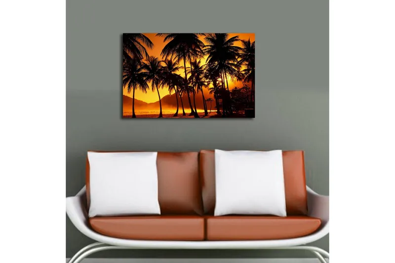 Lerretsbilde med LED-belysning 45x70 cm - Tropisk solnedgang med palmer i silhuett - Oransje / Svart - Interiør - Maleri & posters - Lerretsbilder