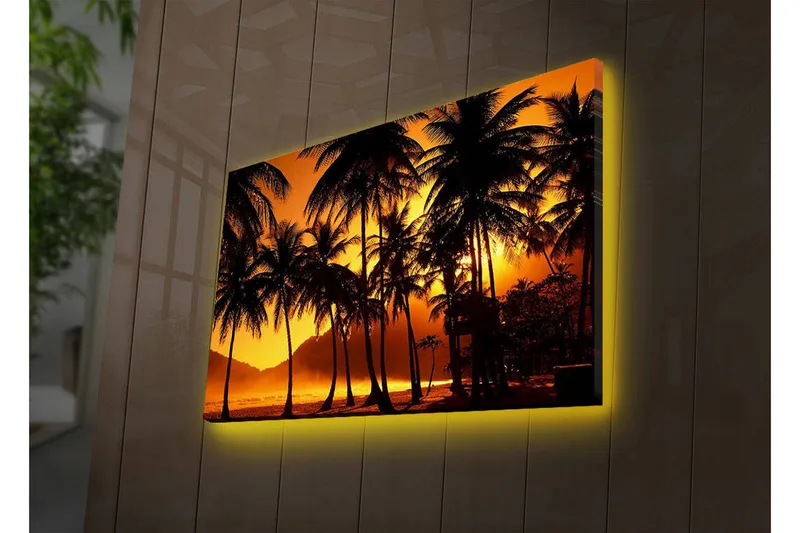 Lerretsbilde med LED-belysning 45x70 cm - Tropisk solnedgang med palmer i silhuett - Oransje / Svart - Interiør - Maleri & posters - Lerretsbilder
