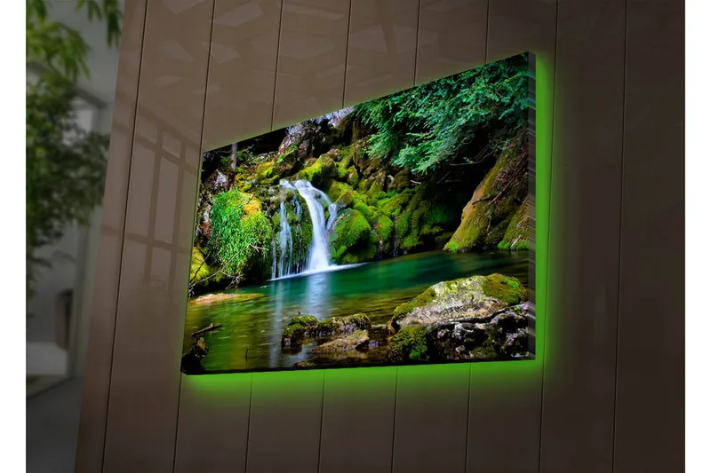 Lerretsbilde med LED-belysning 45x70 cm - Vakker foss med frodig grøntområde og fjellformasjoner - Grønn / Blå / Brun - Interiør - Maleri & posters - Lerretsbilder
