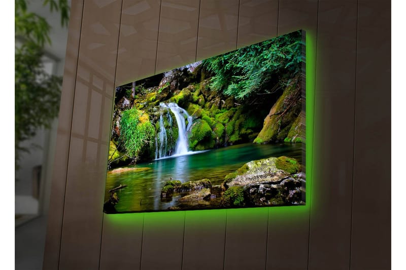 Lerretsbilde med LED-belysning 45x70 cm - Vakker foss med frodig grøntområde og fjellformasjoner - Grønn / Blå / Brun - Interiør - Maleri & posters - Lerretsbilder