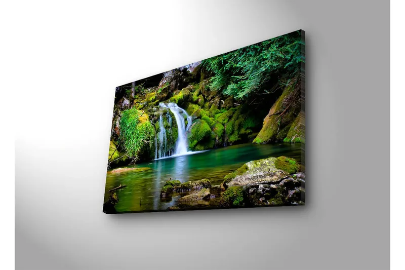 Lerretsbilde med LED-belysning 45x70 cm - Vakker foss med frodig grøntområde og fjellformasjoner - Grønn / Blå / Brun - Interiør - Maleri & posters - Lerretsbilder