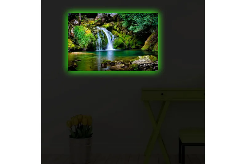 Lerretsbilde med LED-belysning 45x70 cm - Vakker foss med frodig grøntområde og fjellformasjoner - Grønn / Blå / Brun - Interiør - Maleri & posters - Lerretsbilder