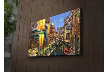 Lerretsbilde med LED-belysning 45x70 cm - Vakker kanal med fargerike hus og blomsterprydede balkonger - Gul / Grønn / Blå - Interiør - Maleri & posters - Lerretsbilder