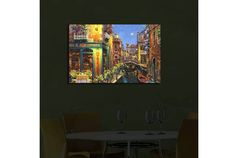 Lerretsbilde med LED-belysning 45x70 cm - Vakker kanal med fargerike hus og blomsterprydede balkonger - Gul / Grønn / Blå - Interiør - Maleri & posters - Lerretsbilder