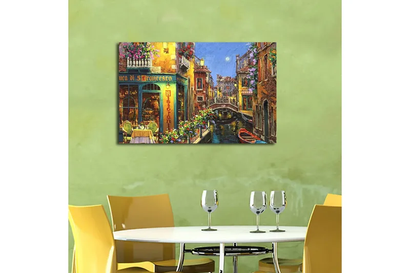 Lerretsbilde med LED-belysning 45x70 cm - Vakker kanal med fargerike hus og blomsterprydede balkonger - Gul / Grønn / Blå - Interiør - Maleri & posters - Lerretsbilder