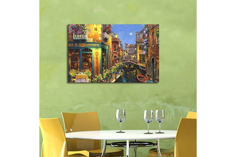 Lerretsbilde med LED-belysning 45x70 cm - Vakker kanal med fargerike hus og blomsterprydede balkonger - Gul / Grønn / Blå - Interiør - Maleri & posters - Lerretsbilder