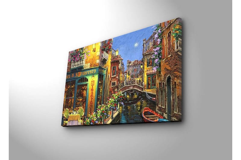 Lerretsbilde med LED-belysning 45x70 cm - Vakker kanal med fargerike hus og blomsterprydede balkonger - Gul / Grønn / Blå - Interiør - Maleri & posters - Lerretsbilder