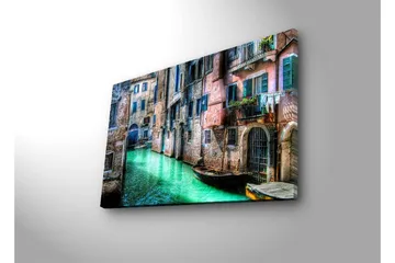 Lerretsbilde med LED-belysning 45x70 cm - Vakker kanal med historiske bygninger og båter i pittoreske omgivelser - Grønn / Rosa / Blå - Interiør - Maleri & posters - Lerretsbilder