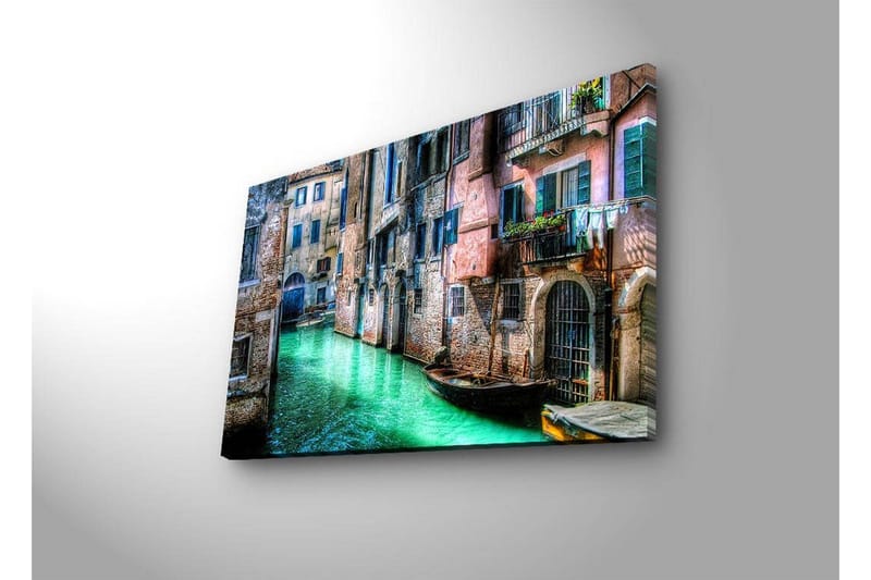 Lerretsbilde med LED-belysning 45x70 cm - Vakker kanal med historiske bygninger og båter i pittoreske omgivelser - Grønn / Rosa / Blå - Interiør - Maleri & posters - Lerretsbilder