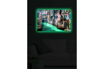 Lerretsbilde med LED-belysning 45x70 cm - Vakker kanal med historiske bygninger og båter i pittoreske omgivelser - Grønn / Rosa / Blå - Interiør - Maleri & posters - Lerretsbilder