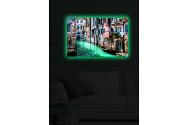 Lerretsbilde med LED-belysning 45x70 cm - Vakker kanal med historiske bygninger og båter i pittoreske omgivelser - Grønn / Rosa / Blå - Interiør - Maleri & posters - Lerretsbilder