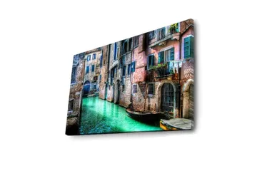 Lerretsbilde med LED-belysning 45x70 cm - Vakker kanal med historiske bygninger og båter i pittoreske omgivelser - Grønn / Rosa / Blå - Interiør - Maleri & posters - Lerretsbilder