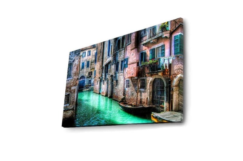 Lerretsbilde med LED-belysning 45x70 cm - Vakker kanal med historiske bygninger og båter i pittoreske omgivelser - Grønn / Rosa / Blå - Interiør - Maleri & posters - Lerretsbilder
