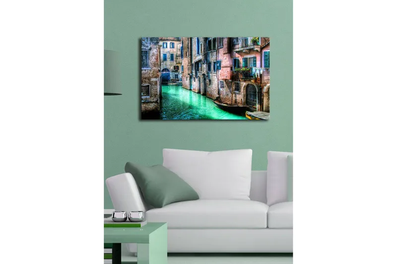 Lerretsbilde med LED-belysning 45x70 cm - Vakker kanal med historiske bygninger og båter i pittoreske omgivelser - Grønn / Rosa / Blå - Interiør - Maleri & posters - Lerretsbilder