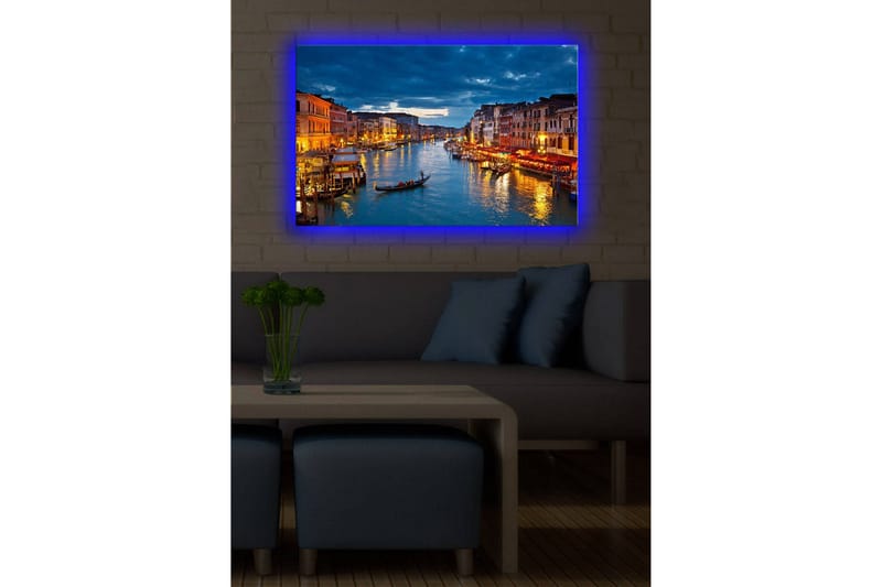 Lerretsbilde med LED-belysning 45x70 cm - Vakker utsikt over en kanal i Venezia med opplyste bygninger ved vannet - Blå / Oransje / Grønn - Interiør - Maleri & posters - Lerretsbilder