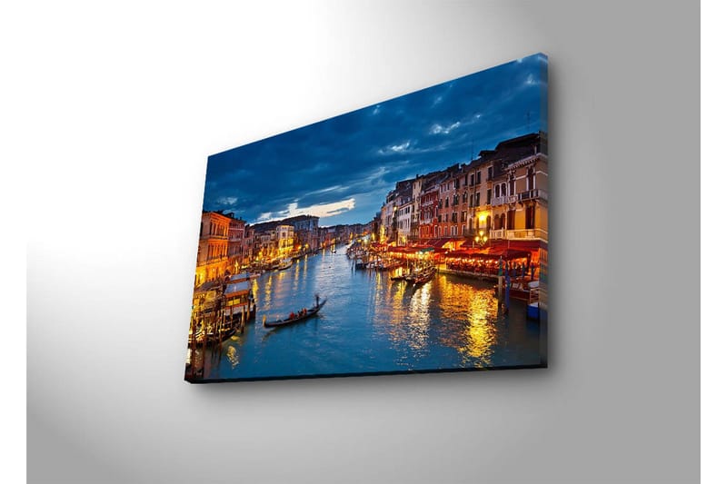 Lerretsbilde med LED-belysning 45x70 cm - Vakker utsikt over en kanal i Venezia med opplyste bygninger ved vannet - Blå / Oransje / Grønn - Interiør - Maleri & posters - Lerretsbilder