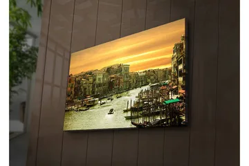 Lerretsbilde med LED-belysning 45x70 cm - Vakker utsikt over en kanal i Venezia ved solnedgang - Gull / Grønn / Brun - Interiør - Maleri & posters - Lerretsbilder