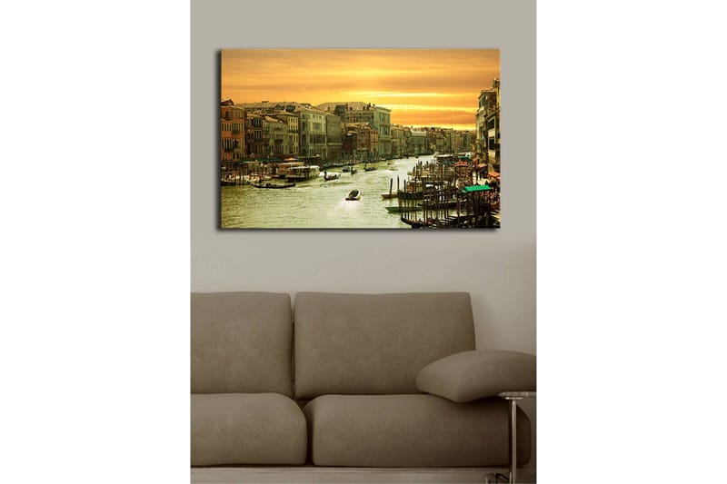Lerretsbilde med LED-belysning 45x70 cm - Vakker utsikt over en kanal i Venezia ved solnedgang - Gull / Grønn / Brun - Interiør - Maleri & posters - Lerretsbilder