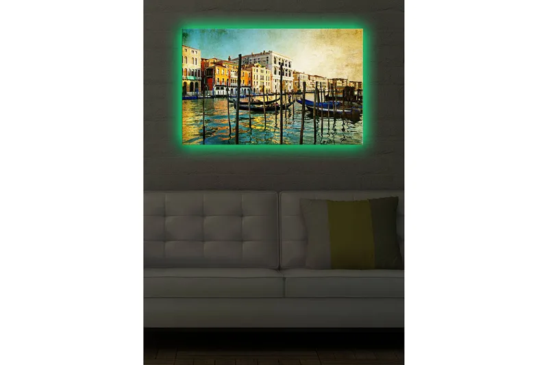 Lerretsbilde med LED-belysning 45x70 cm - Vakker venetiansk kanal med fargerike bygninger og båter - Blå / Oransje / Grønn - Interiør - Maleri & posters - Lerretsbilder
